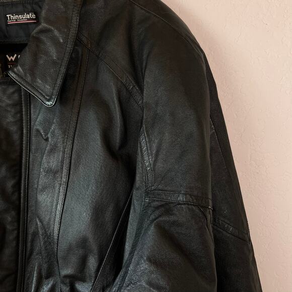 Vintage 90s Wilsons Mens Leather Bomber Jacket size XL Thinsulate Black Zip Snap - Picture 7 of 13